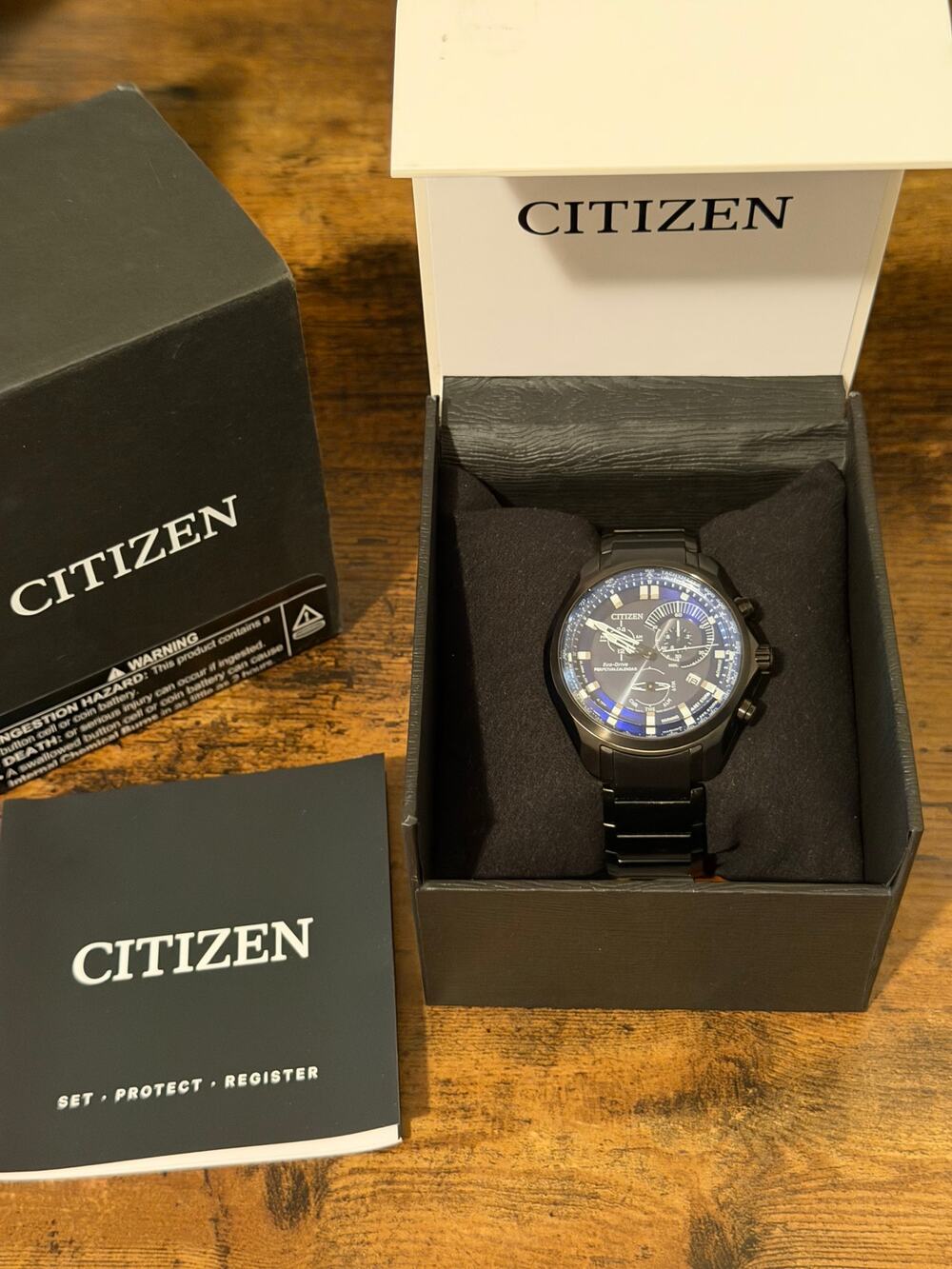 Citizen Eco-Drive E820-R014447 Perpetual Calendar Chronograph Blue Dial Watch